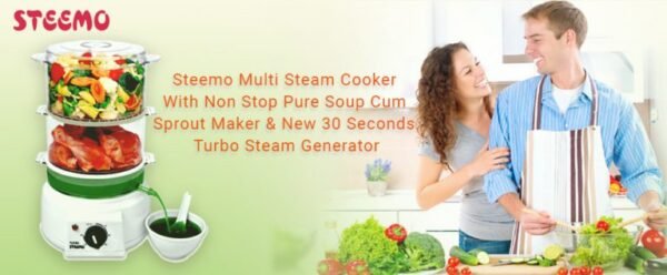 a healthy couple in kitchen with steemo multi steam cooker polycarbonate transparent model